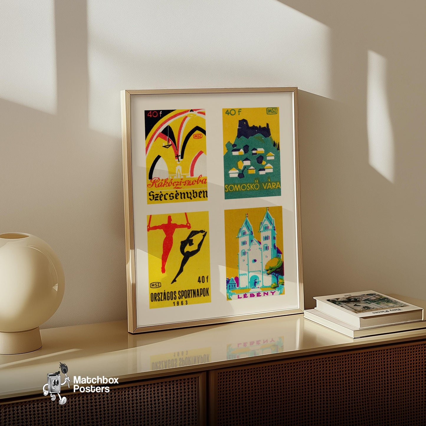 Yellow Hungarians Grid Print - vintage matchbox label print - bedroom mockup