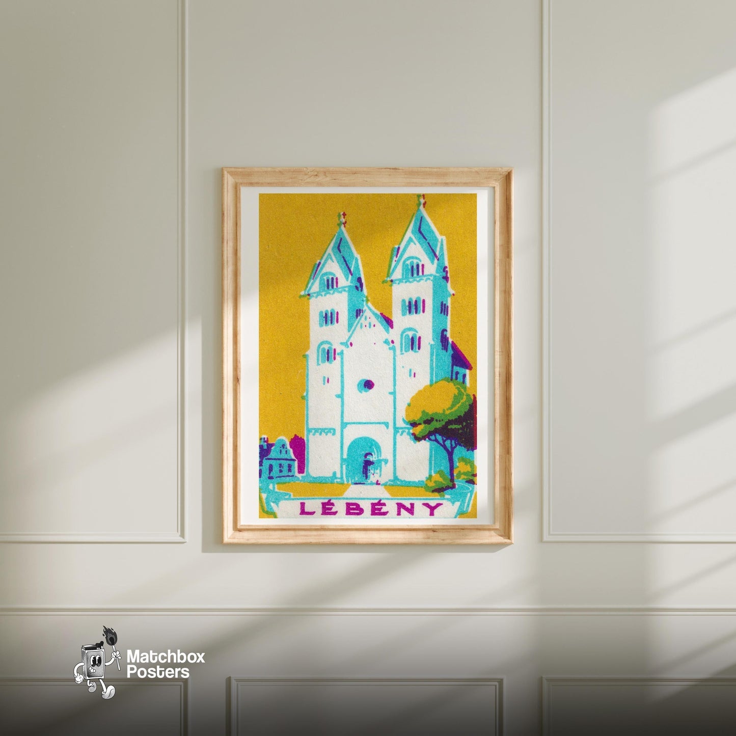 Blue Church - vintage matchbox label print - bedroom mockup
