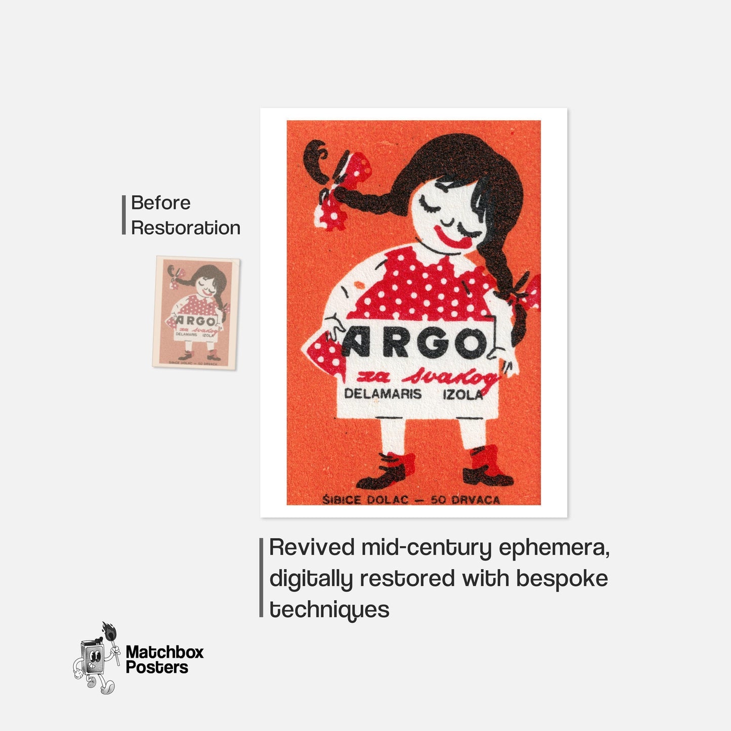 Girl in Red Dress - vintage matchbox label print - framed wall art preview