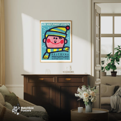 Man in Beanie and Scarf - vintage matchbox label print - living room mockup