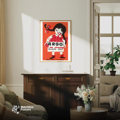 Girl in Red Dress - vintage matchbox label print - living room mockup