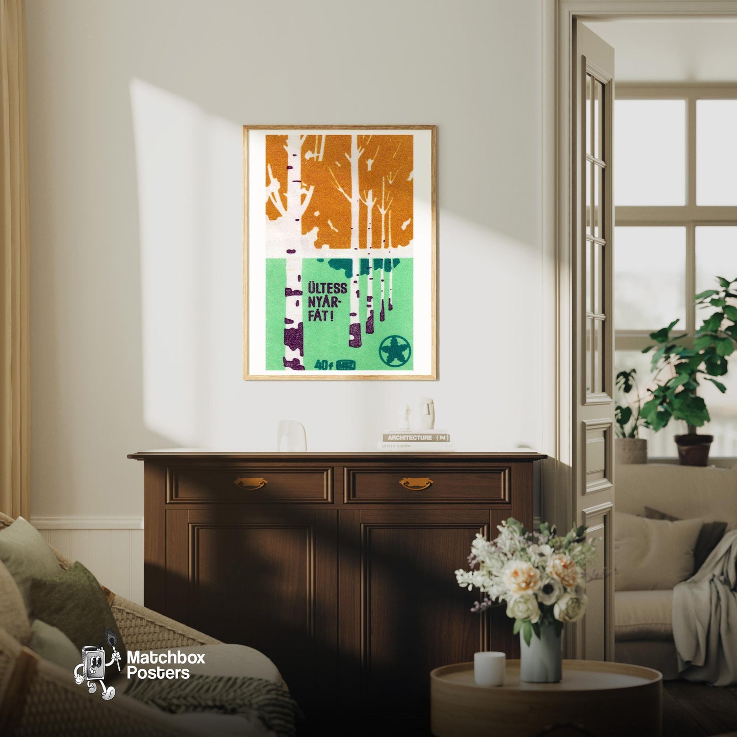 Birch Trees - vintage matchbox label print - living room mockup