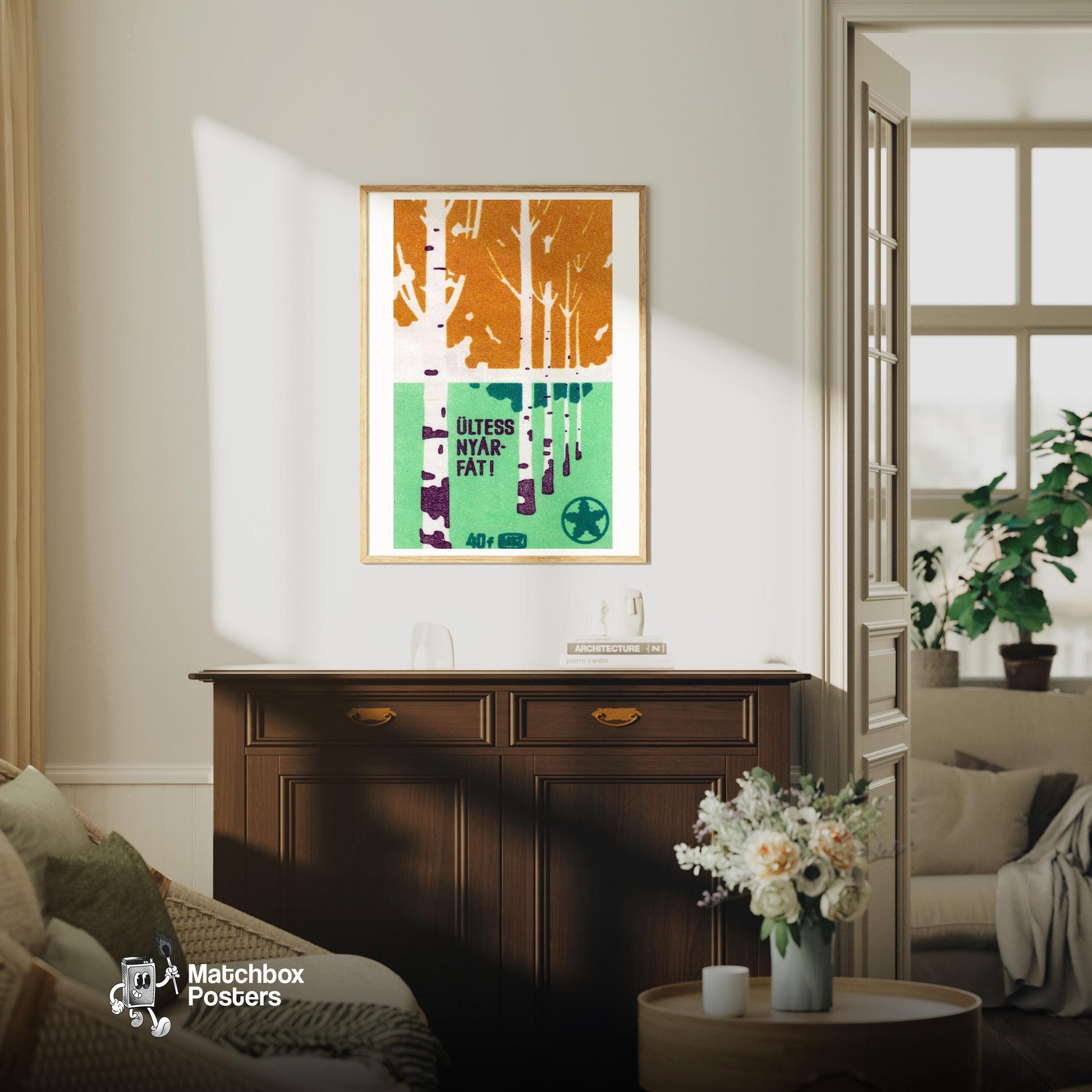 Birch Trees - vintage matchbox label print - living room mockup