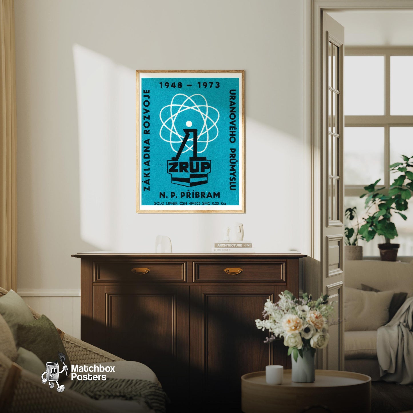 Atomic Symbol - vintage matchbox label print - living room mockup