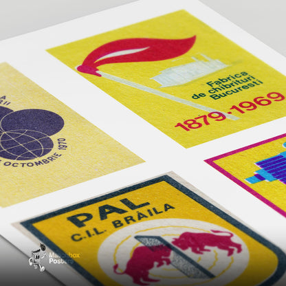 Yellow Romanians Grid Print - vintage matchbox label print - close-up detail