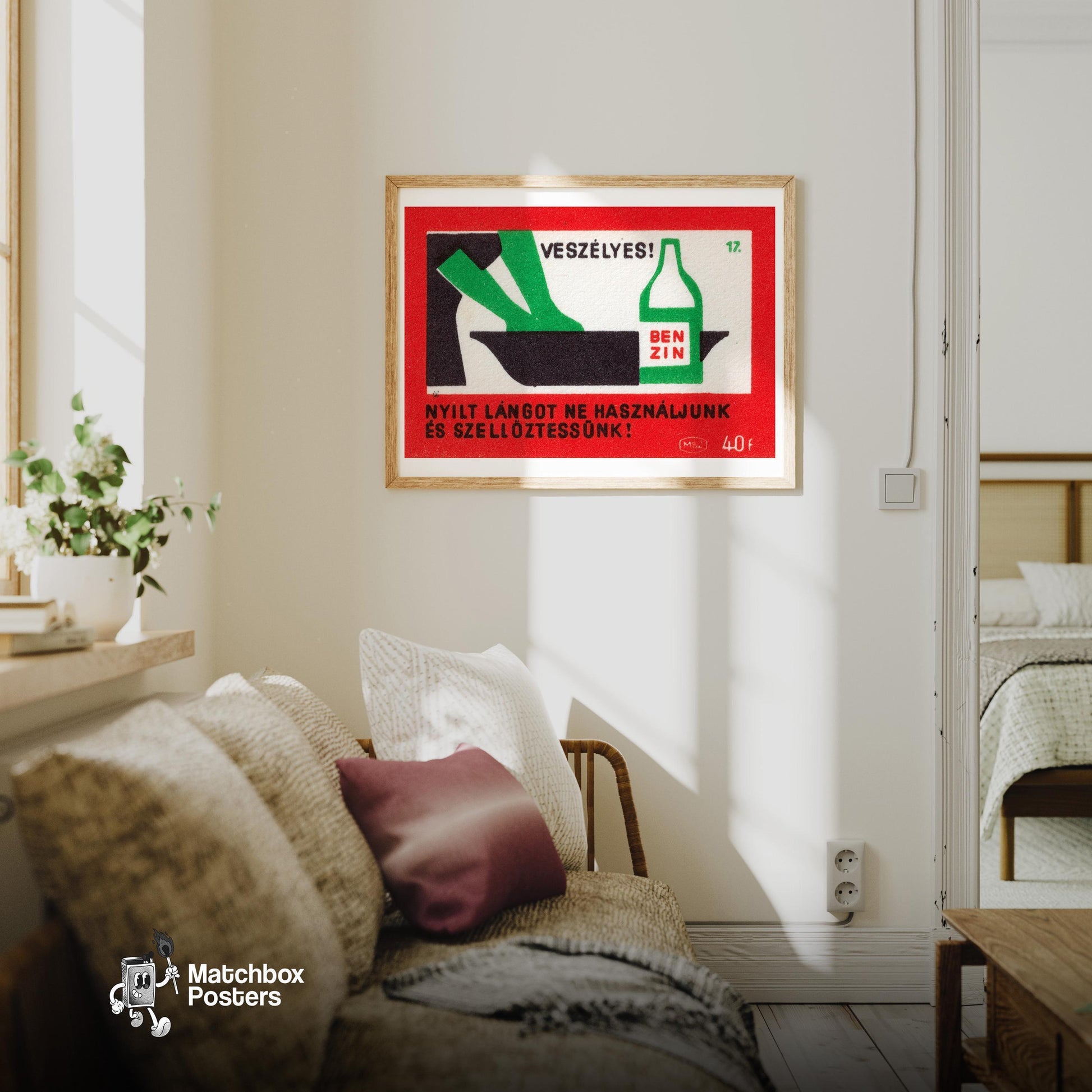 Flammable Liquid - vintage matchbox label print - living room mockup