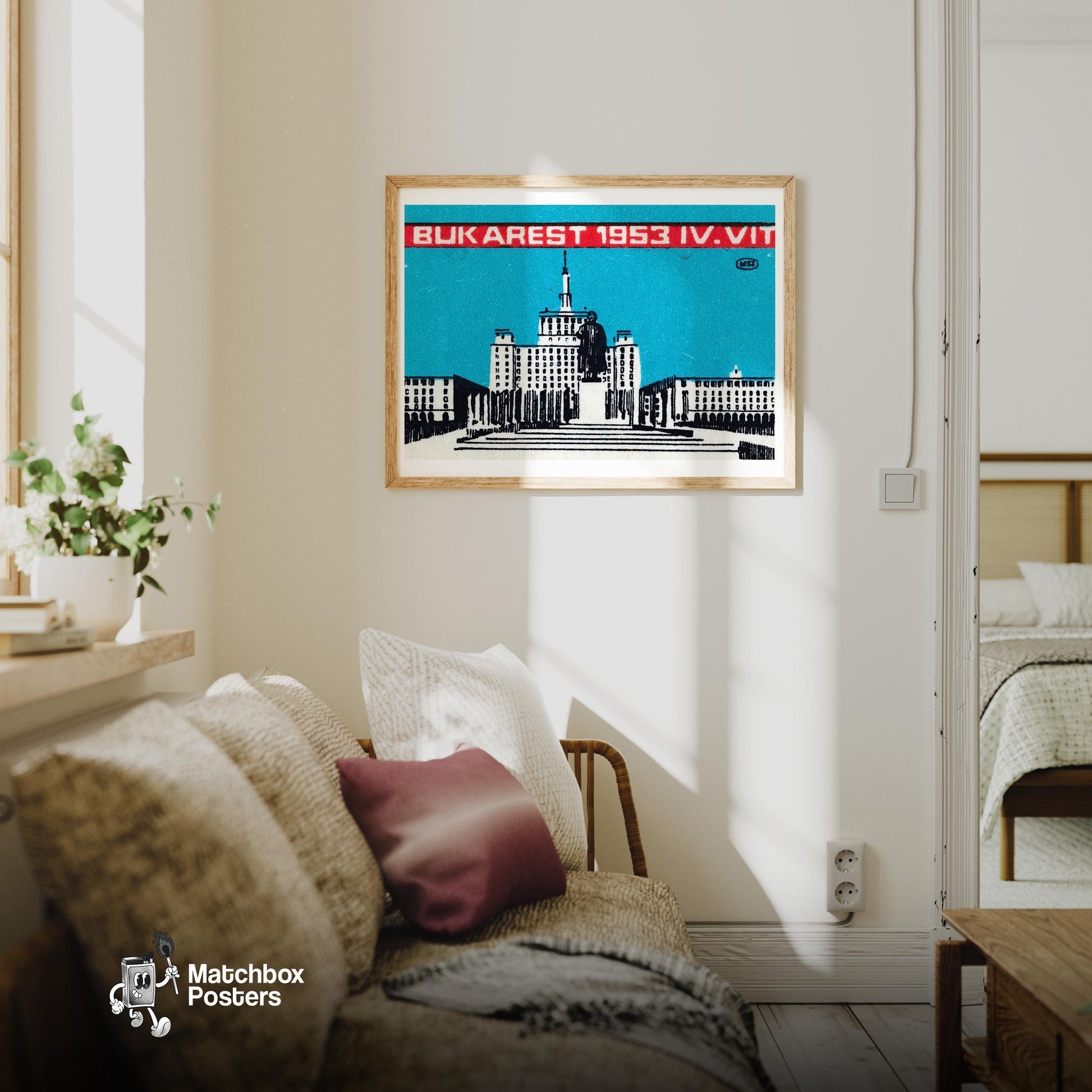 Bukarest 1953 - vintage matchbox label print - living room mockup