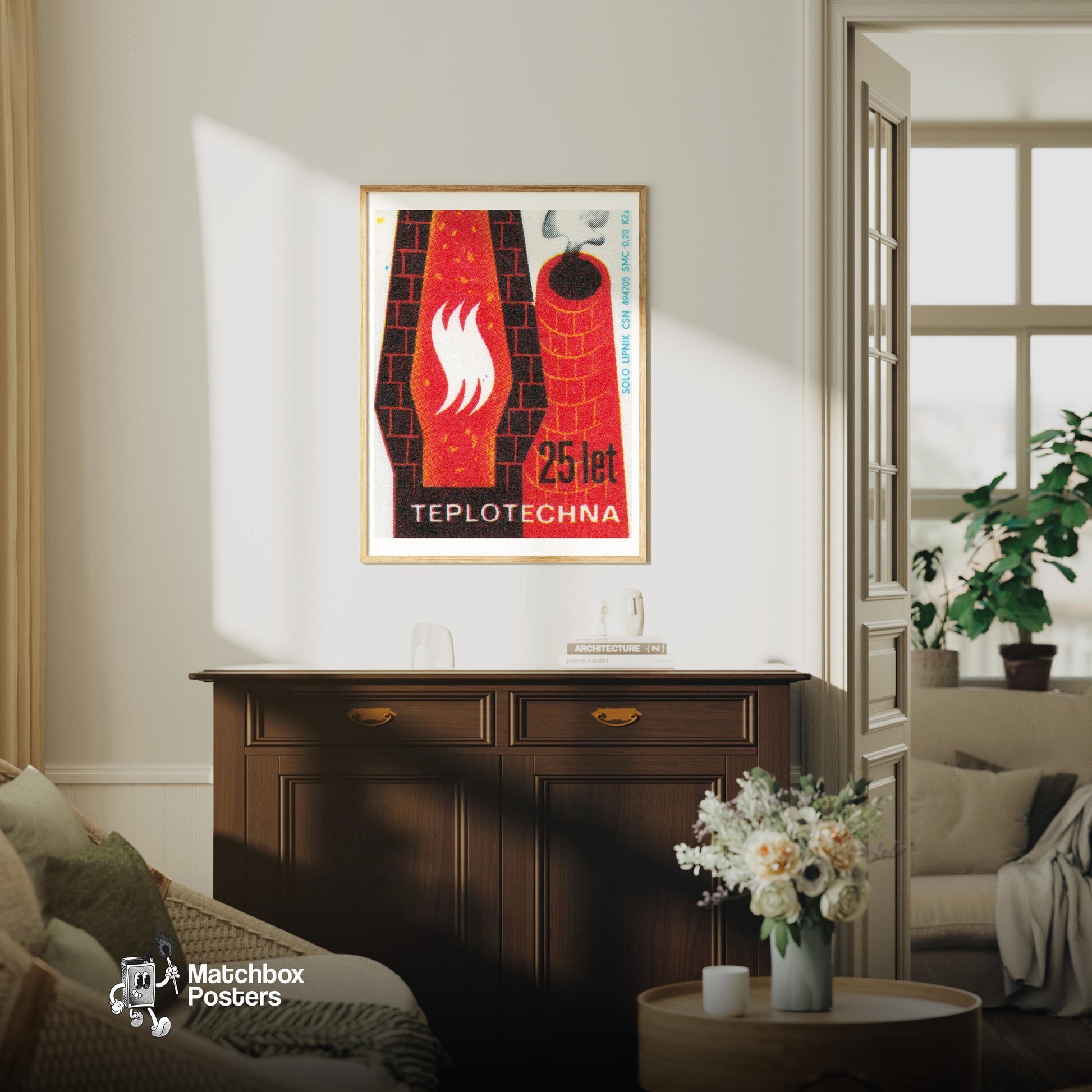 Factory Chimney - vintage matchbox label print - living room mockup