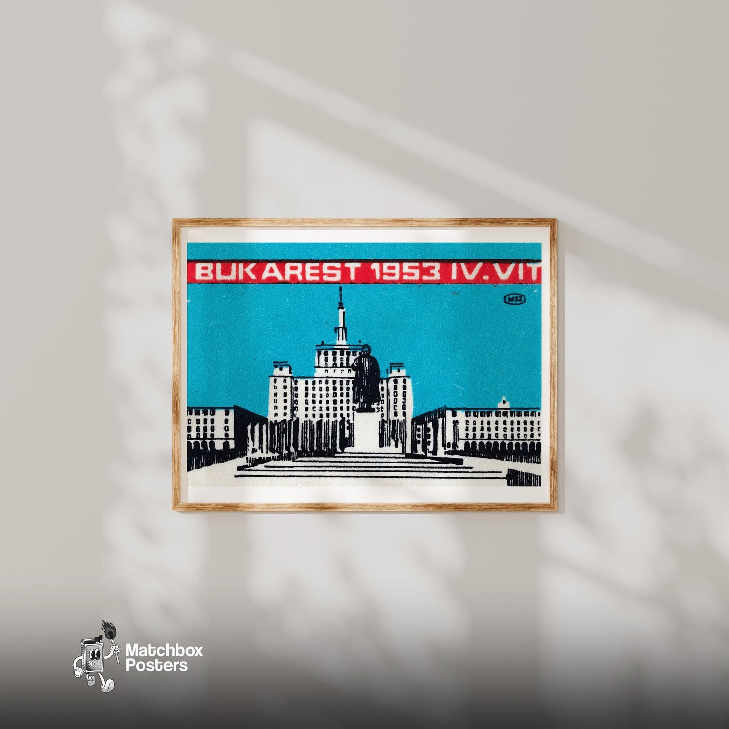 Bukarest 1953 - vintage matchbox label print - bedroom mockup