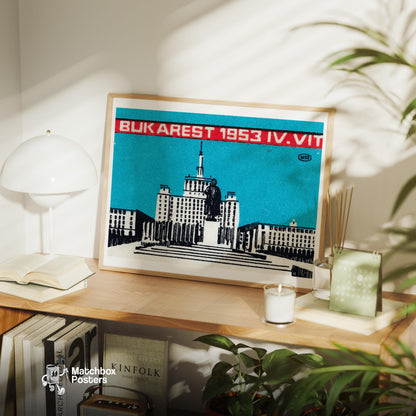 Bukarest 1953 - vintage matchbox label print - office wall