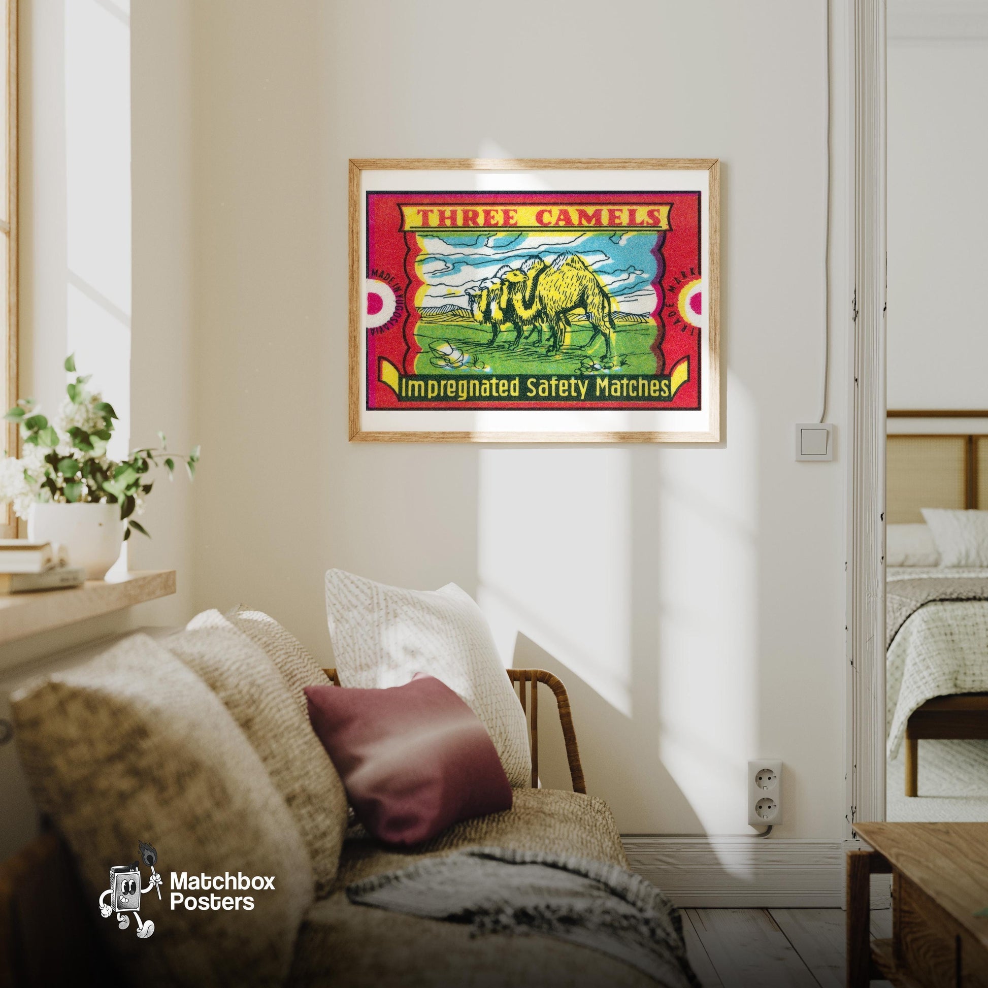 Three Camels - vintage matchbox label print - living room mockup