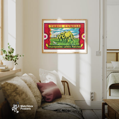 Three Camels - vintage matchbox label print - living room mockup
