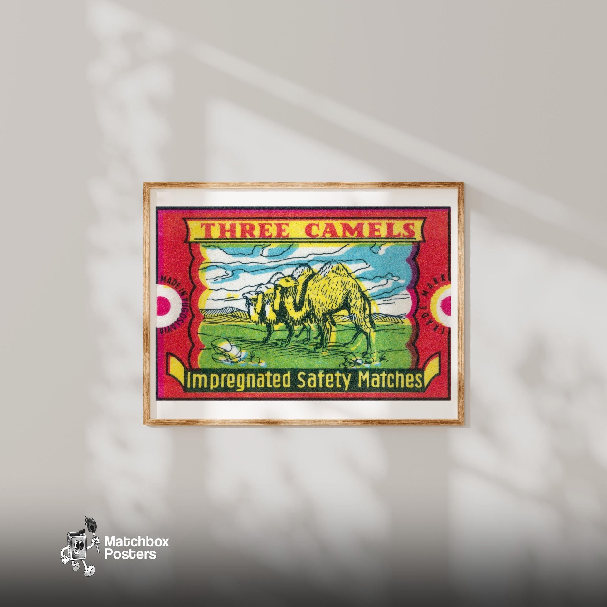 Three Camels - vintage matchbox label print - bedroom mockup