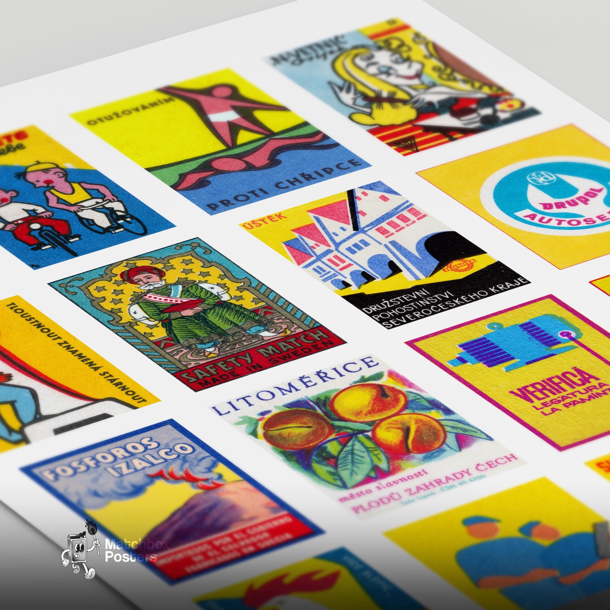 Yellow and Blue Collage - vintage matchbox label print - close-up detail