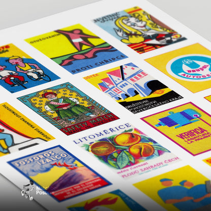 Yellow and Blue Collage - vintage matchbox label print - close-up detail