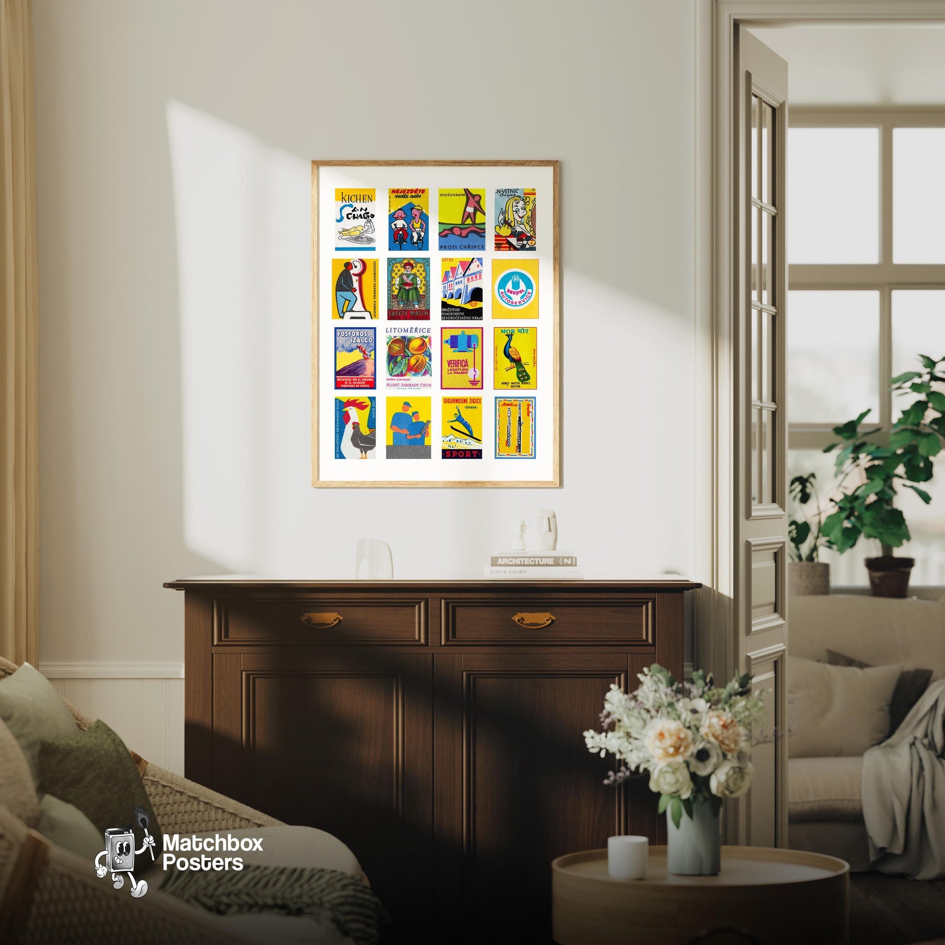 Yellow and Blue Collage - vintage matchbox label print - framed wall art preview