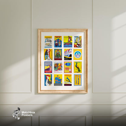 Yellow and Blue Collage - vintage matchbox label print - living room mockup