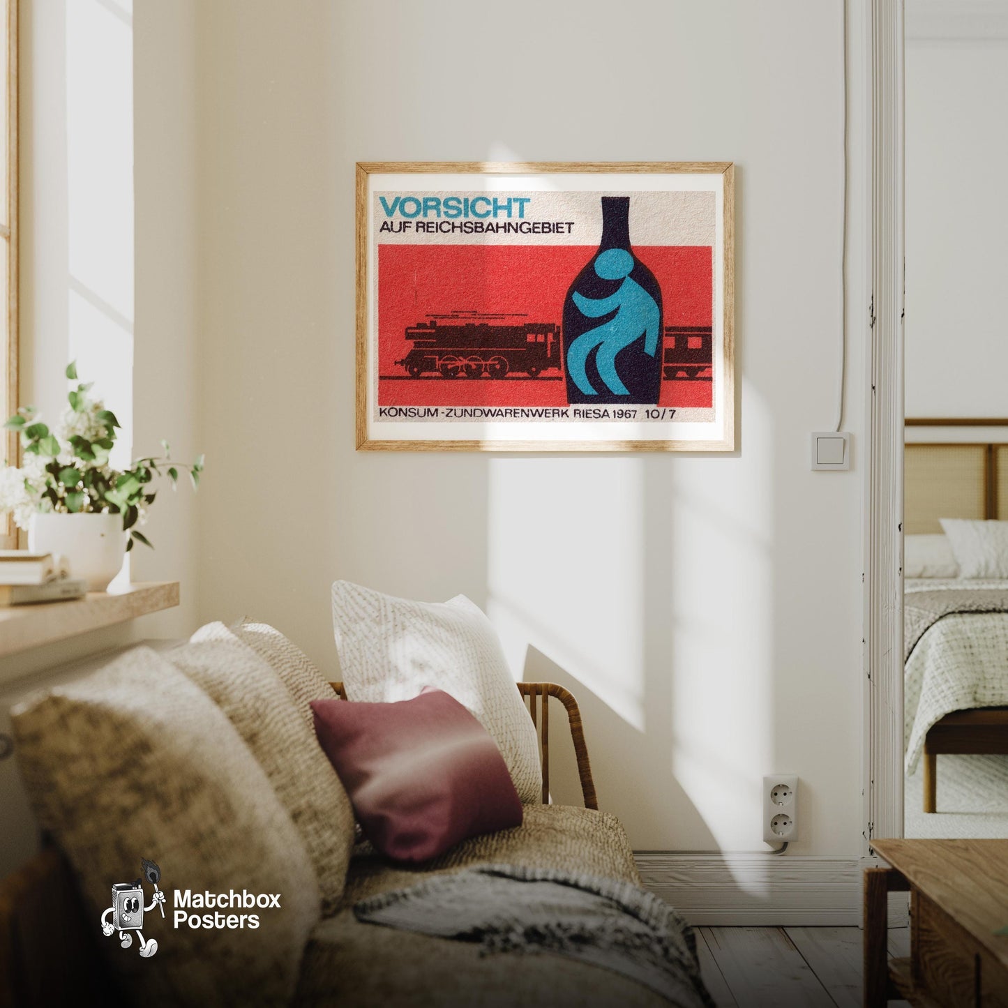 Train Silhouette - vintage matchbox label print - living room mockup