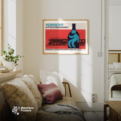 Train Silhouette - vintage matchbox label print - living room mockup