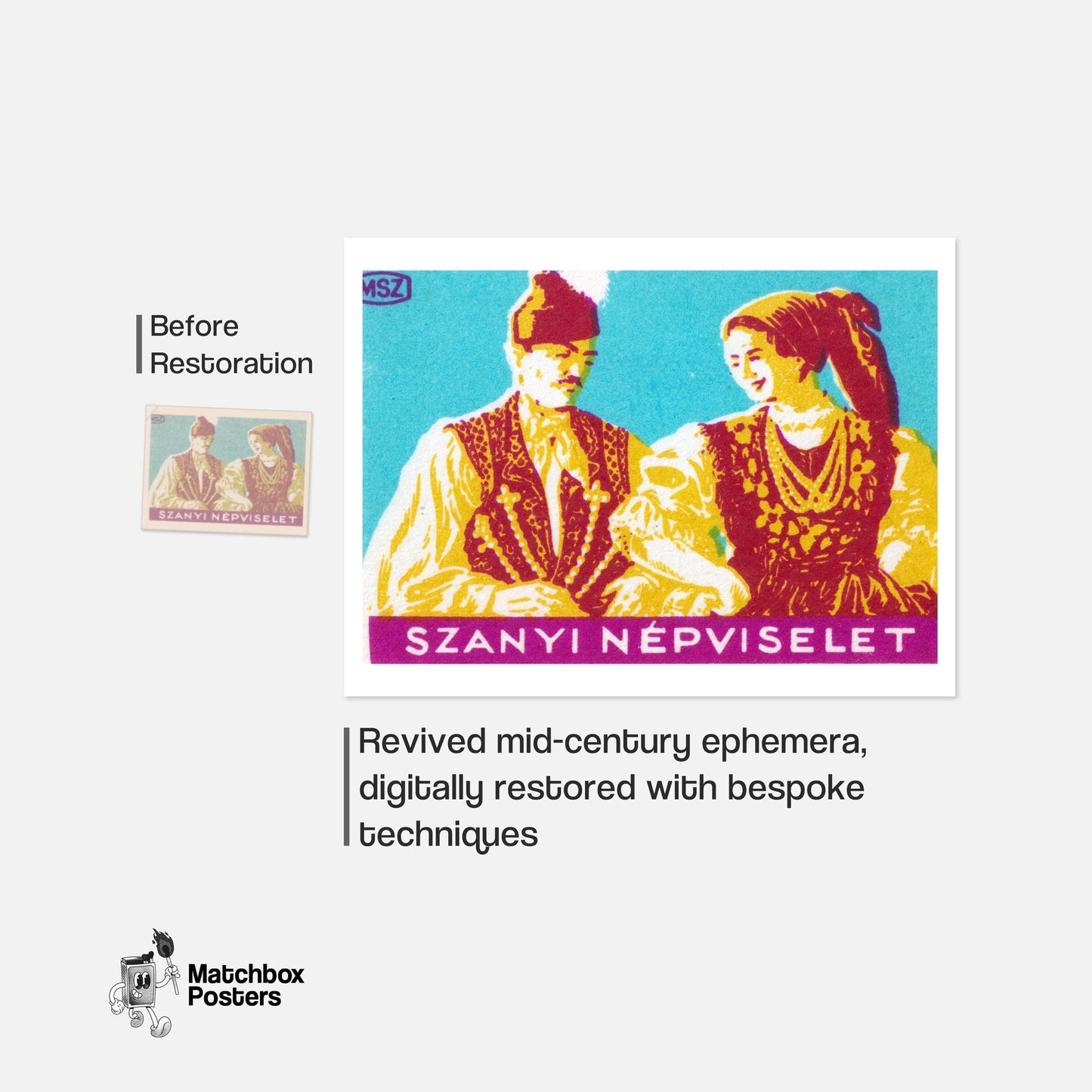 Hungarian Folk Costume - vintage matchbox label print - framed wall art preview