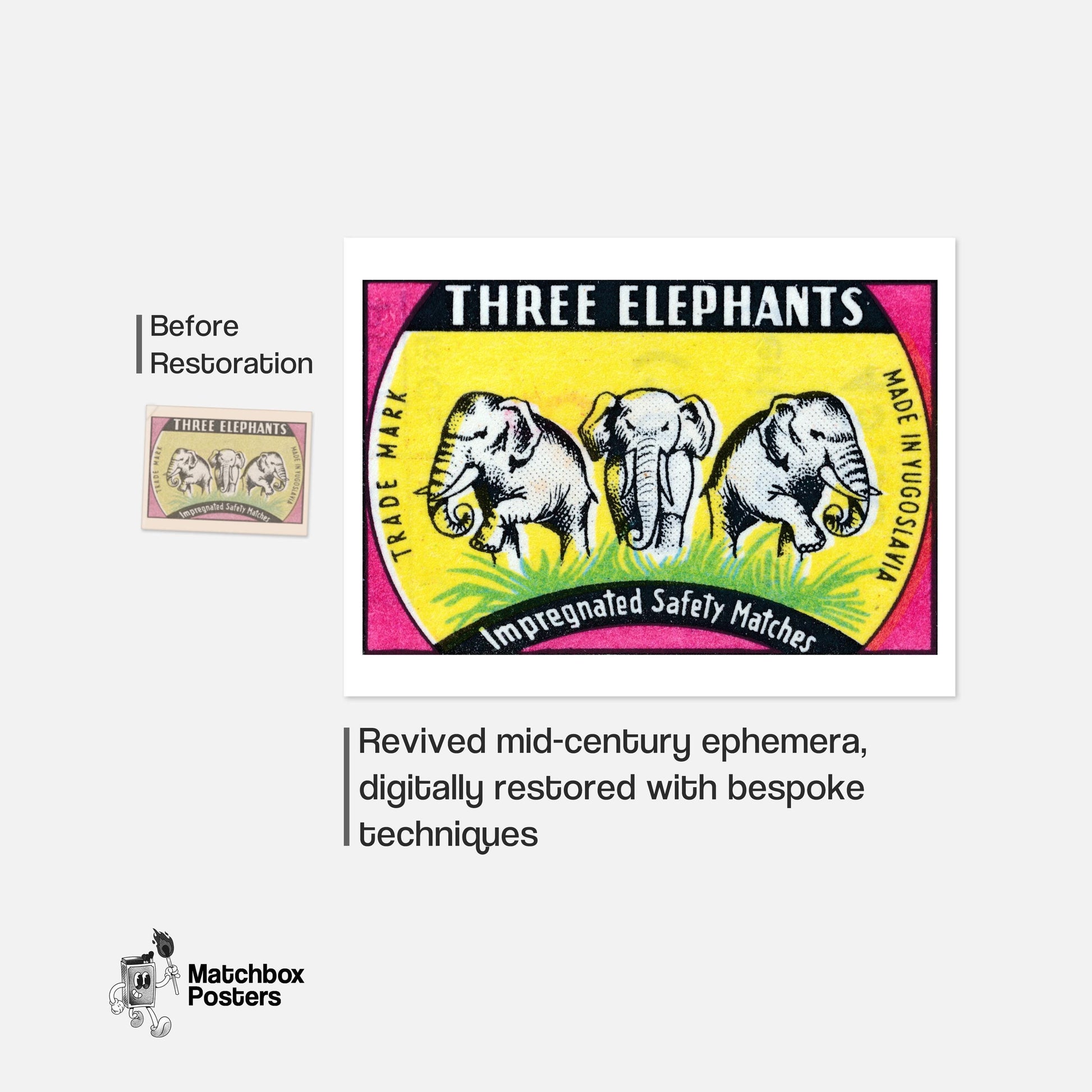 Three Elephants - vintage matchbox label print - framed wall art preview