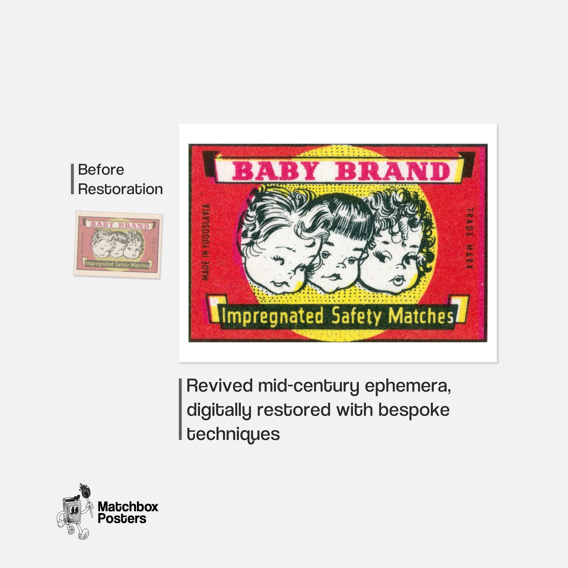 Three Children's Faces - vintage matchbox label print - framed wall art preview