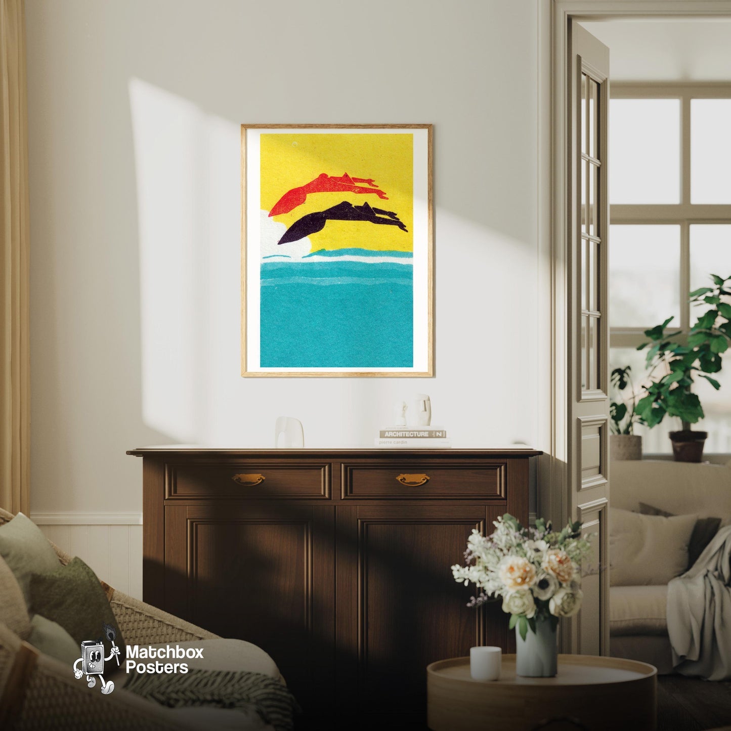Women Diving - vintage matchbox label print - living room mockup