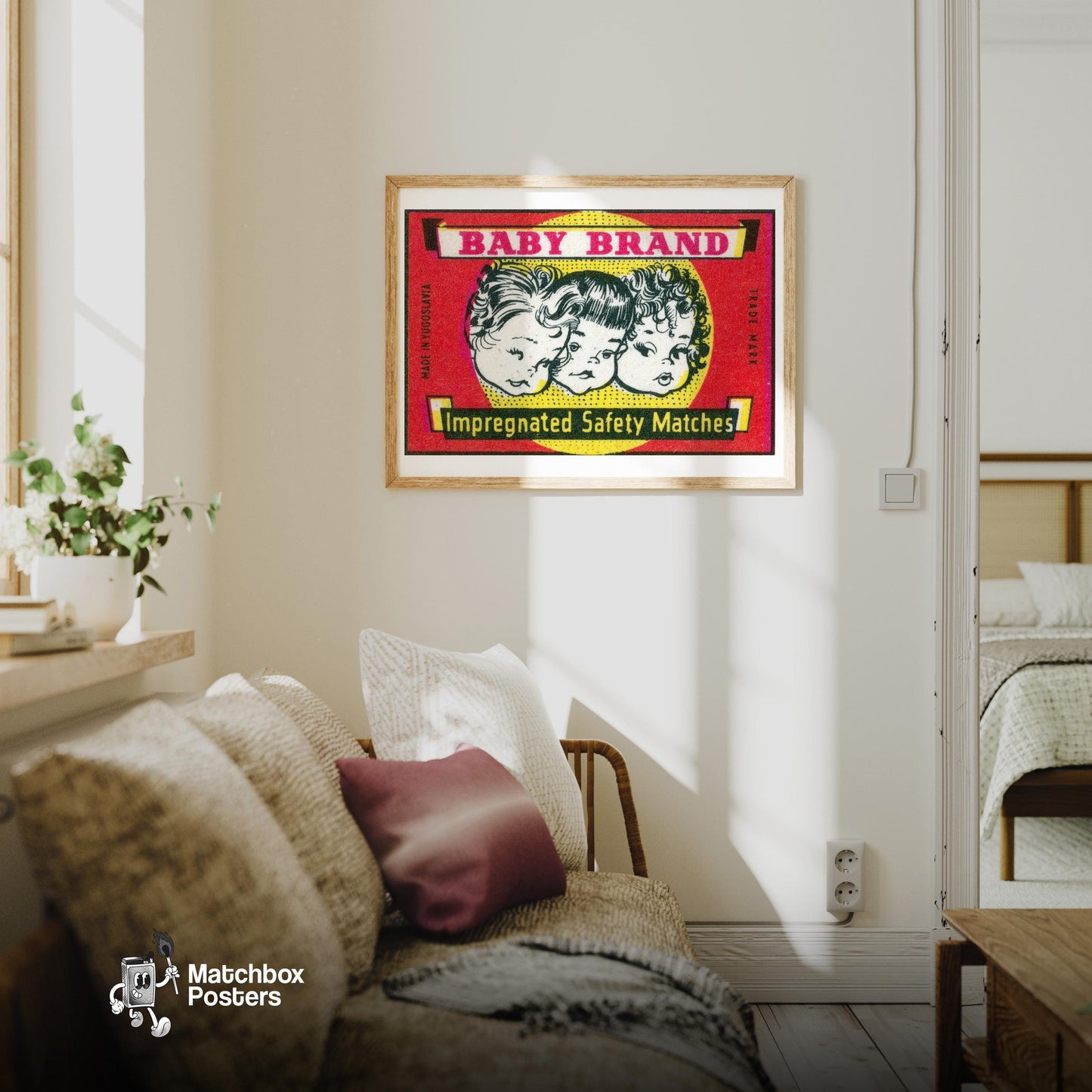 Three Children's Faces - vintage matchbox label print - living room mockup