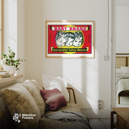 Three Children's Faces - vintage matchbox label print - living room mockup
