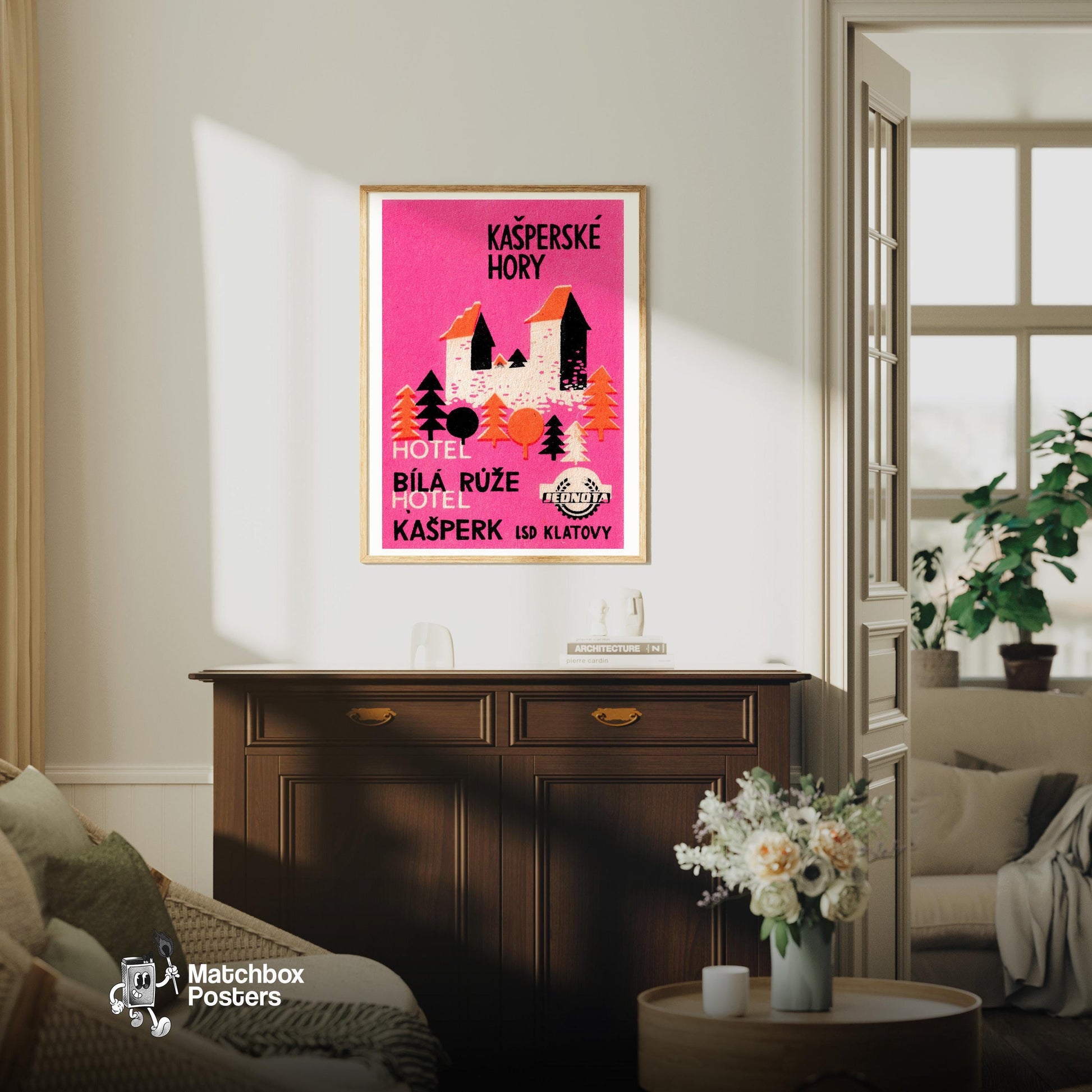 Pink Mountain Hotel - vintage matchbox label print - living room mockup