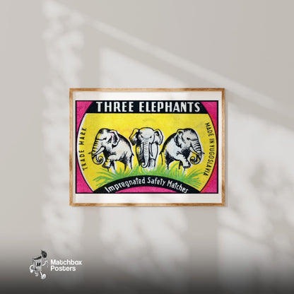 Three Elephants - vintage matchbox label print - bedroom mockup