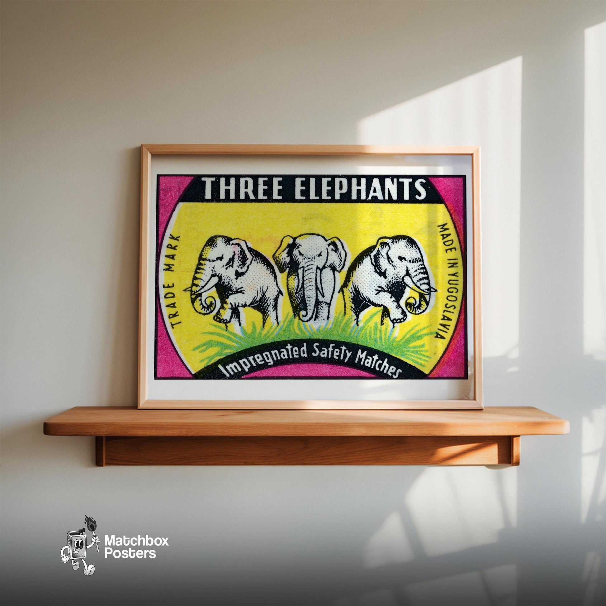 Three Elephants - vintage matchbox label print - size comparison