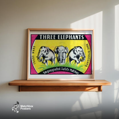 Three Elephants - vintage matchbox label print - size comparison
