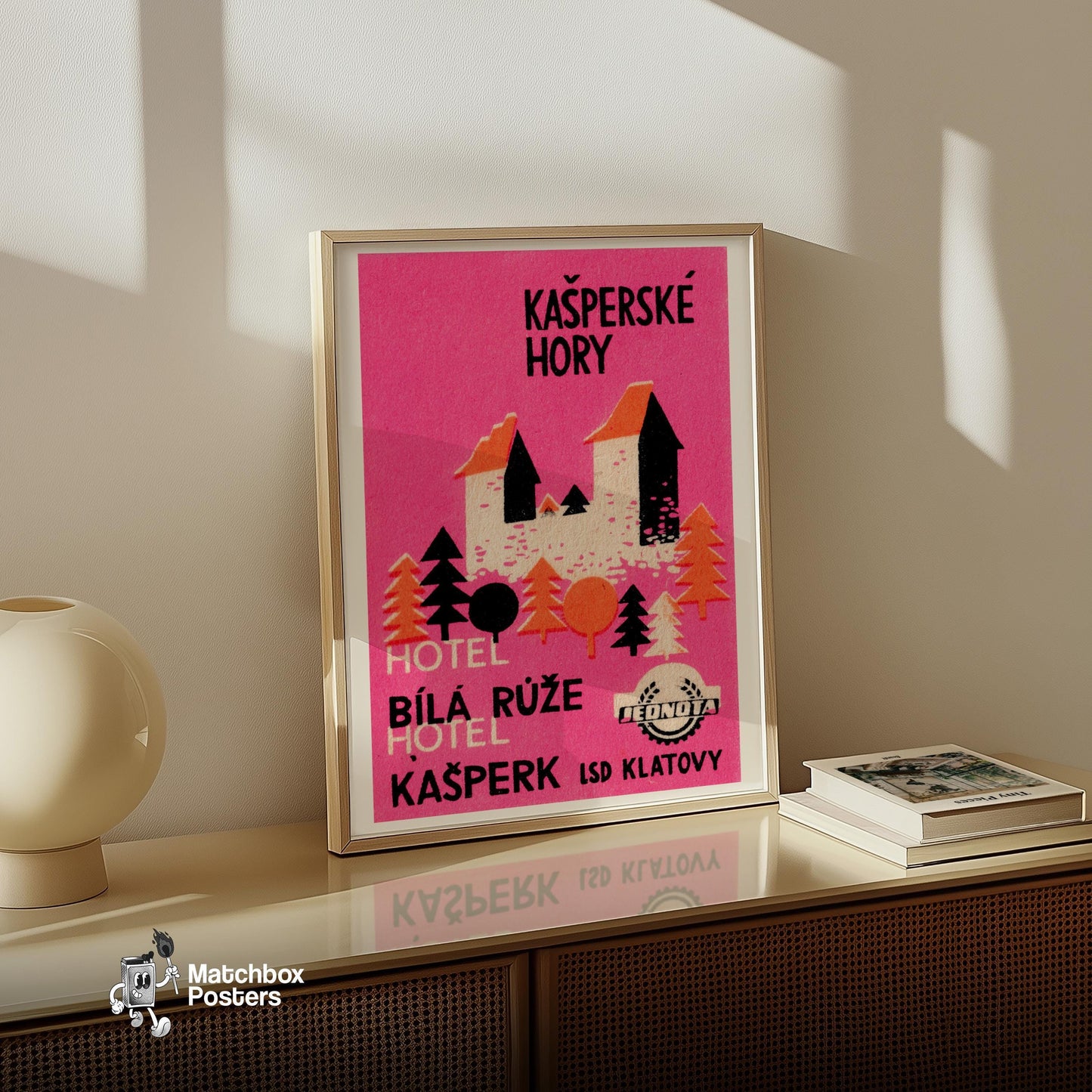 Pink Mountain Hotel - vintage matchbox label print - size comparison