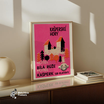 Pink Mountain Hotel - vintage matchbox label print - size comparison