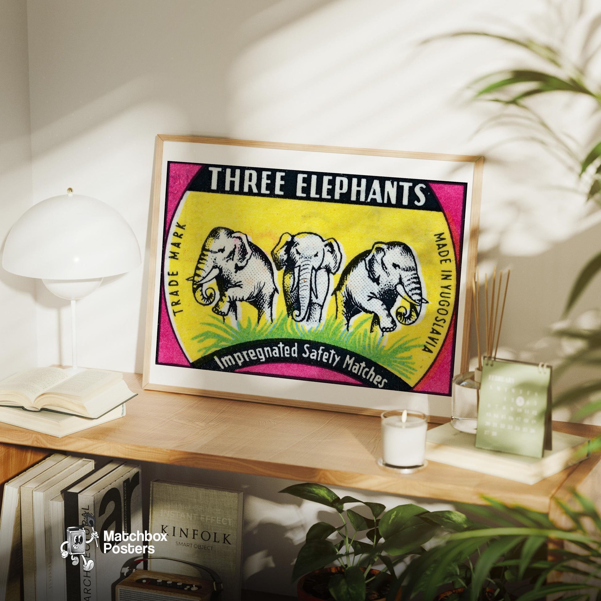 Three Elephants - vintage matchbox label print - office wall