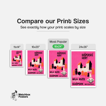 Pink Mountain Hotel - vintage matchbox label print - gallery wall preview