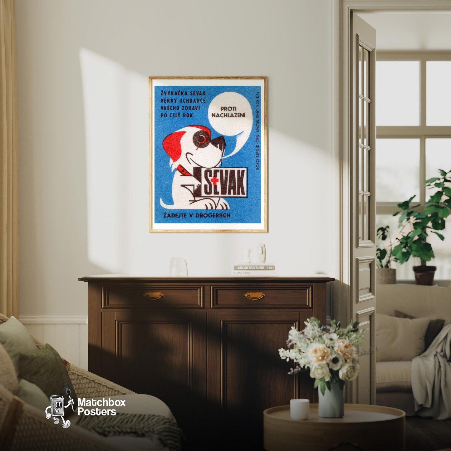 Cartoon Dog - vintage matchbox label print - living room mockup
