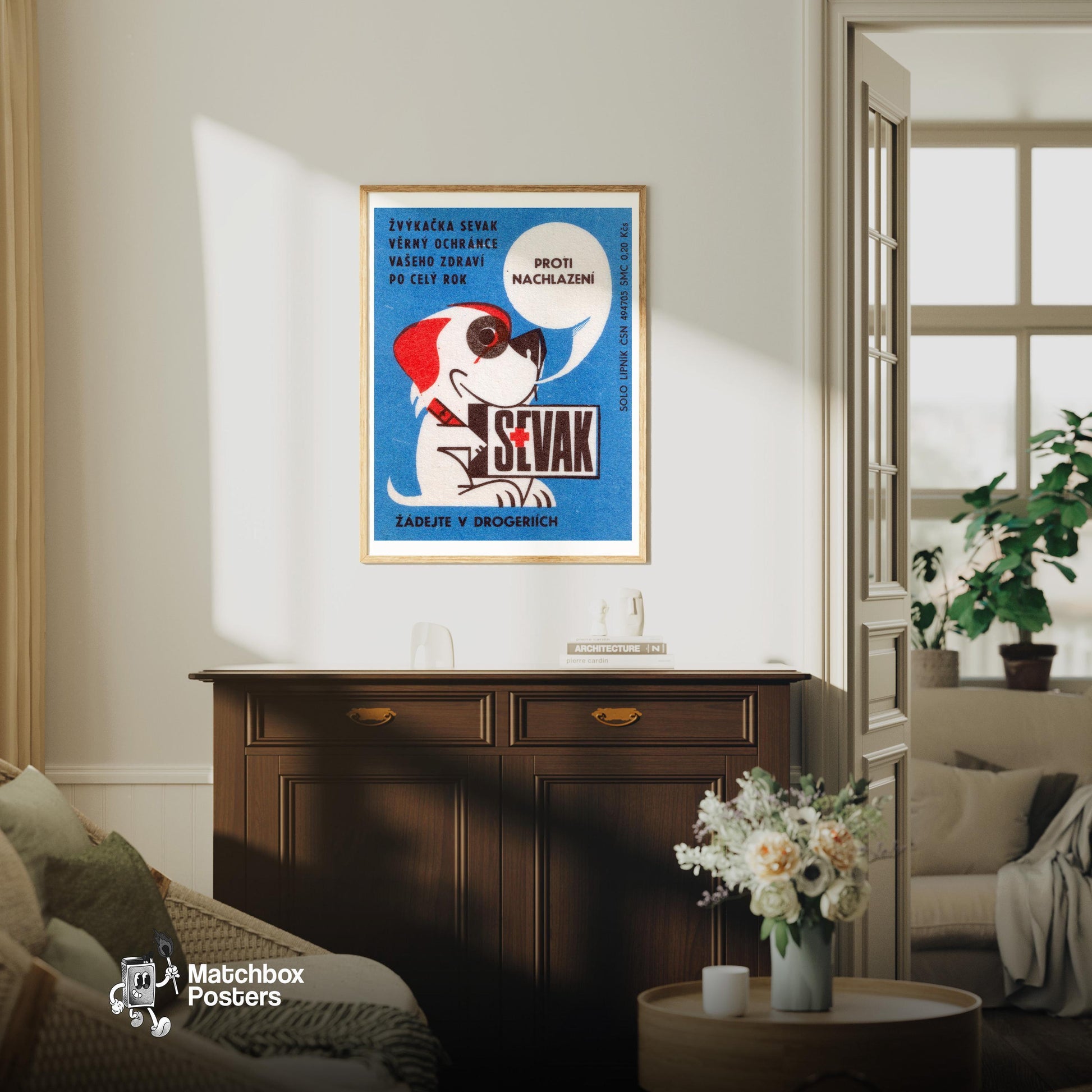 Cartoon Dog - vintage matchbox label print - living room mockup