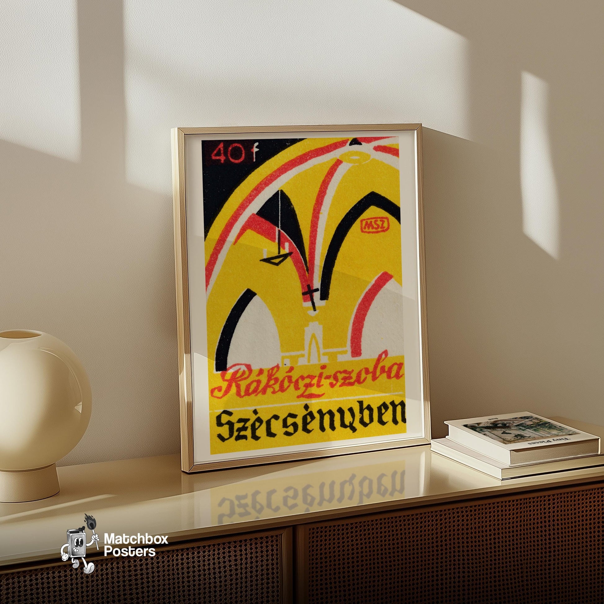 Ancient Yellow Church - vintage matchbox label print - bedroom mockup