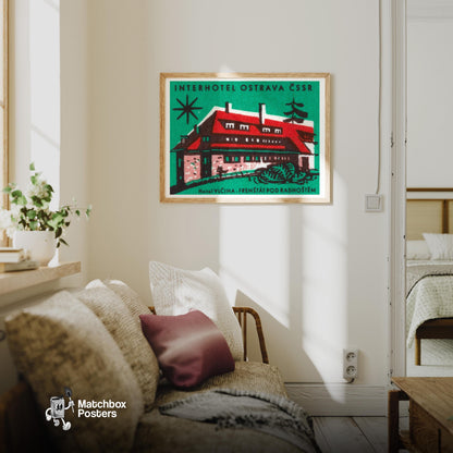 Hotel with Red Roof - vintage matchbox label print - living room mockup