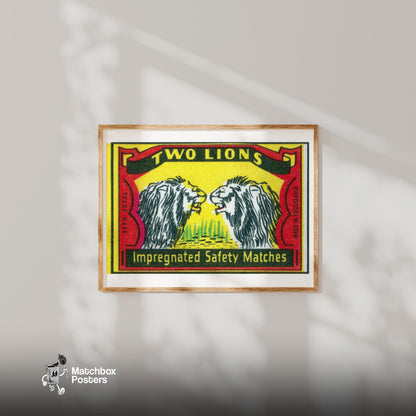 Two Lions - vintage matchbox label print - bedroom mockup
