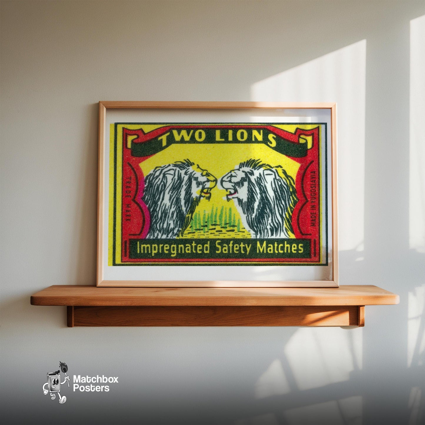 Two Lions - vintage matchbox label print - size comparison