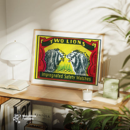 Two Lions - vintage matchbox label print - office wall