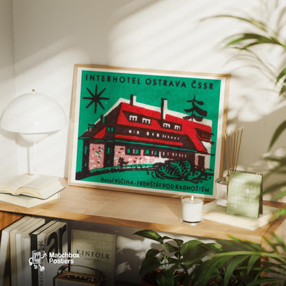 Hotel with Red Roof - vintage matchbox label print - office wall