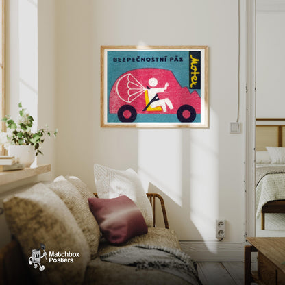 Seatbelt Safety Car - vintage matchbox label print - living room mockup