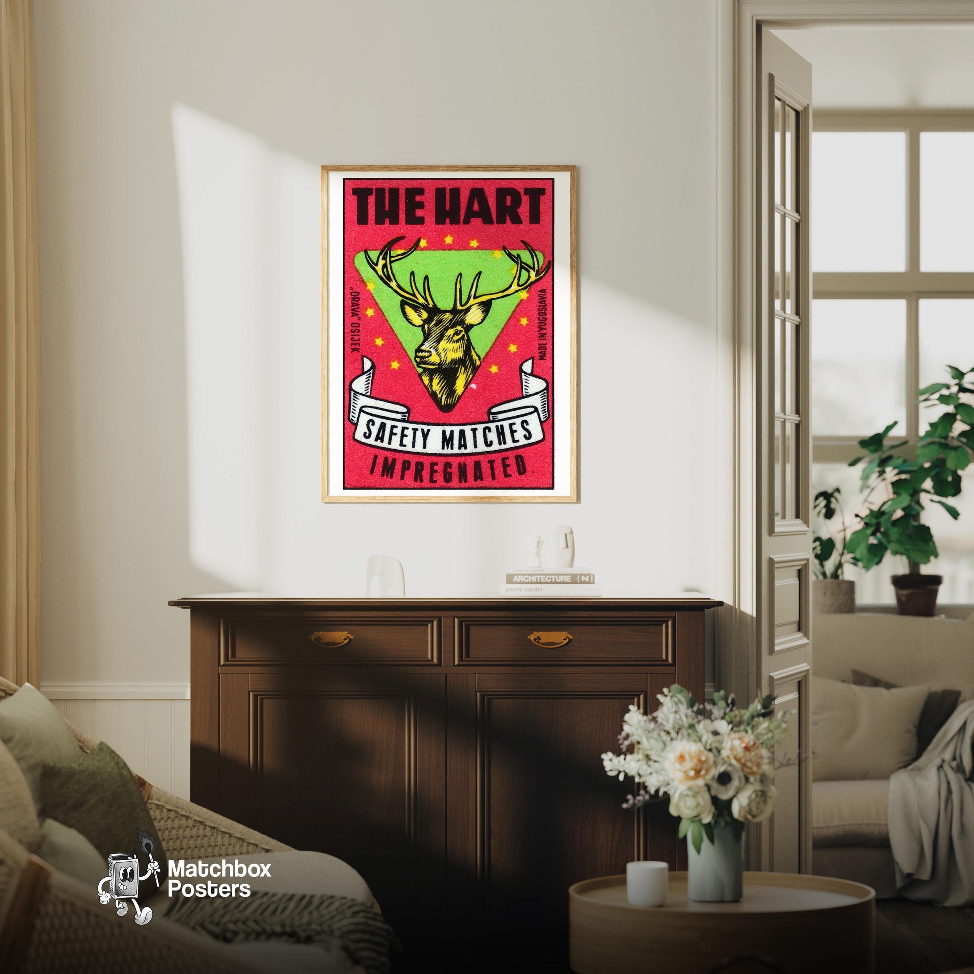 Deer Head - vintage matchbox label print - living room mockup