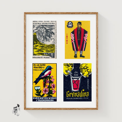 Yellow & Dark Blues Grid Print - vintage matchbox label print