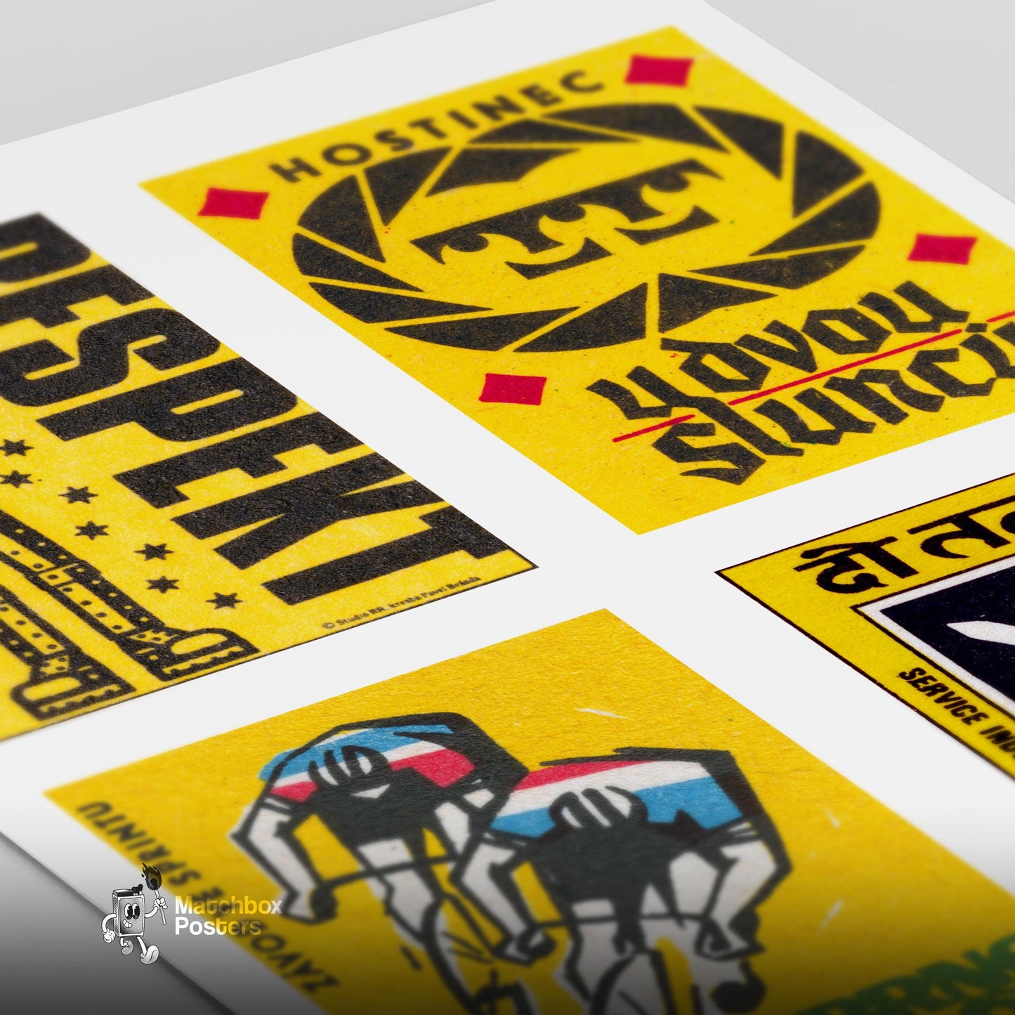 Yellow & Blacks Grid Print - vintage matchbox label print - close-up detail