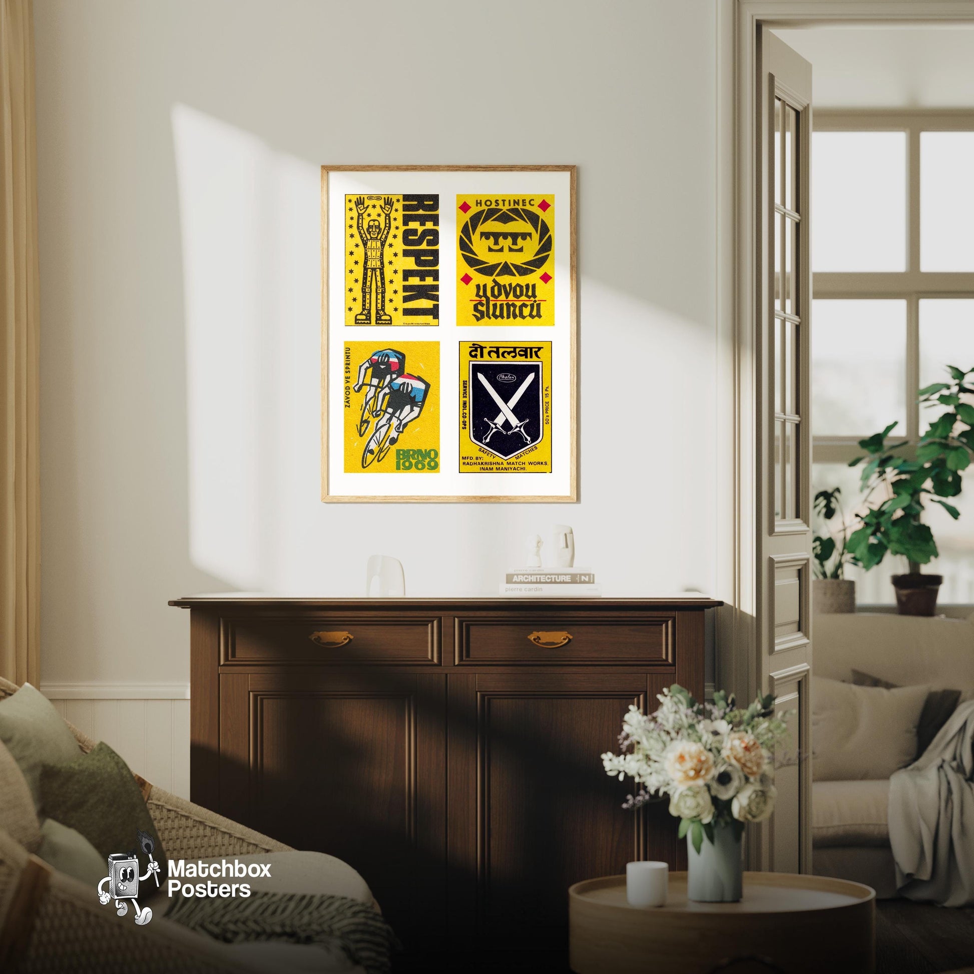 Yellow & Blacks Grid Print - vintage matchbox label print - framed wall art preview